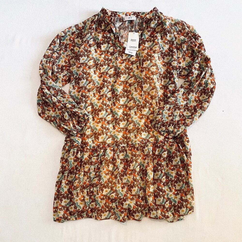 NWT Mango floral print mini dress Women's 4 orange brown loose ruffle boho